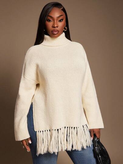 SHEIN SXY 加大码女式宽松流苏下摆和开衩设计简约优雅高领毛衣，适合休闲、外出、日常穿着、嬉皮士