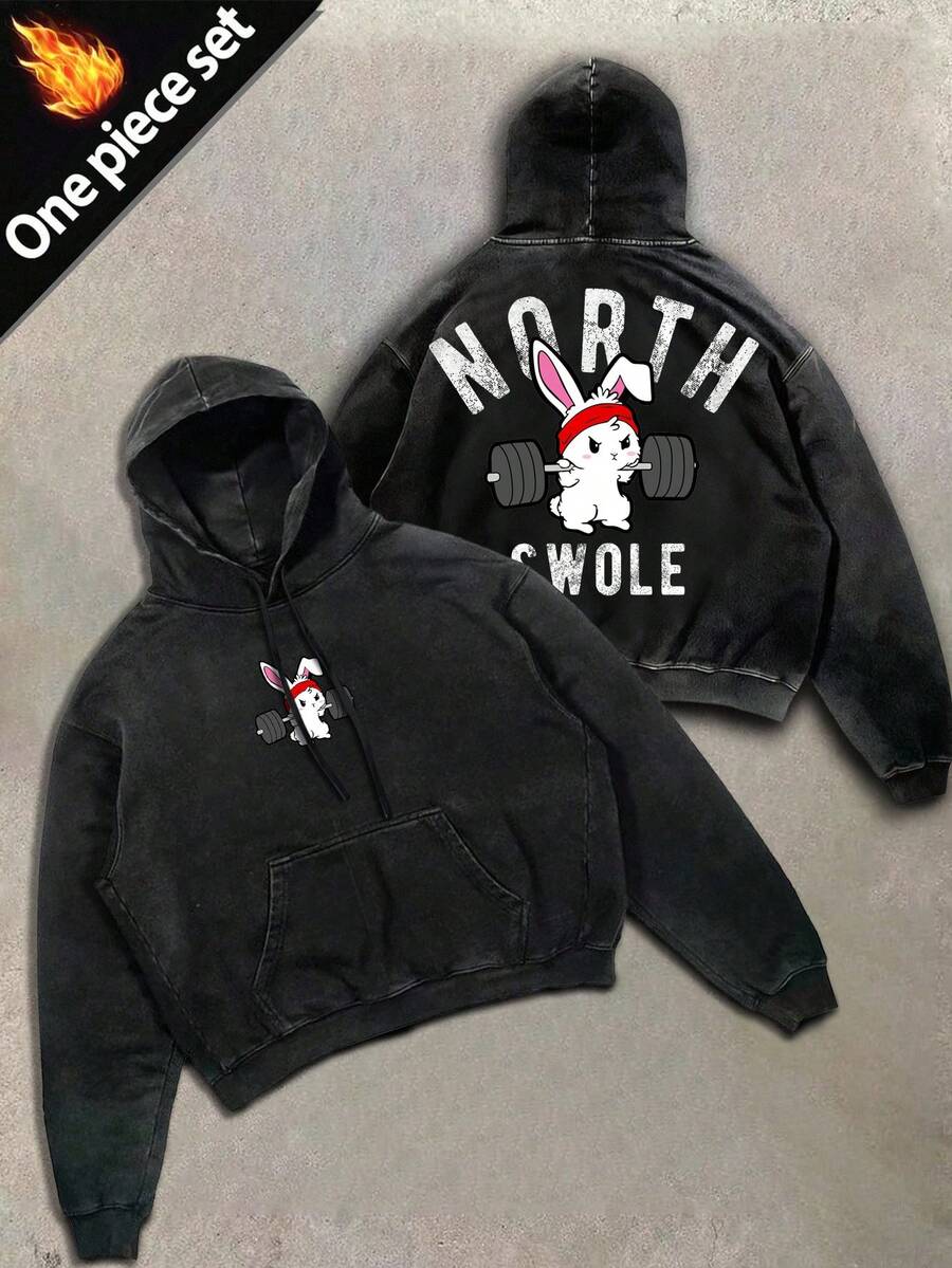 Sport MetroGents Herren Kapuzenpullover mit Buchstaben- und Cartoon-Hasen-Muster, Langarm mit Kordelzug und Tasche