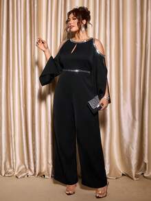 Elenzga 大码优雅肩部镂空亮片装饰连体裤 - 黑色 - 查看 7