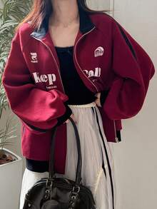 FRIFUL Women's Casual Loose Fit Thermal Lined Letter Graphic Print Pullover Sweatshirt, Street Style - Red - View 1