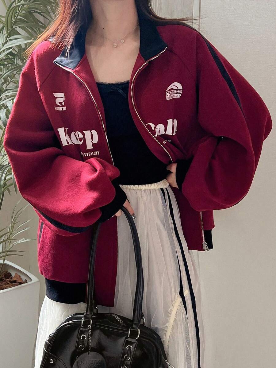 FRIFUL Women's Casual Loose Fit Thermal Lined Letter Graphic Print Pullover Sweatshirt, Street Style - Red - View 1