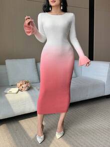 DAZY Women's Elegant Ombre Flare Sleeve Sweater Dress, Autumn/Winter - Pink - View 9