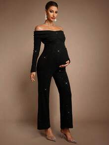 MaterniChic Pregnant Women's Elegant Black Glitter Off Shoulder Long Sleeve Jumpsuit For Autumn,Formal Evening Party & Baby Shower Maternity Jumpsuits - Black - View 3