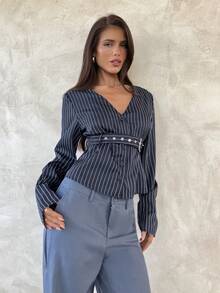 Aloruh Women's Striped V-Neck Long Sleeve Single-Breasted Belted Casual Shirt - Blue - View 7