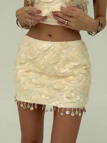 Aloruh Women's Low Waist Fitted Sequin Christmas & Halloween Party Mini Skirt, Autumn/Winter - Apricot - View 8