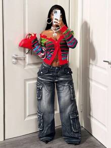 BamGleam Áo len nữ, Áo len cardigan, Áo len dài tay, Sọc ôm màu đỏ, Nút, Kiểu dáng ngắn, Du lịch thường ngày, Tiệc nghỉ dưỡng, Quần áo nữ, Kiểu dáng xuân thu, Kiểu dáng mùa đông - Nhiều màu - Xem 7