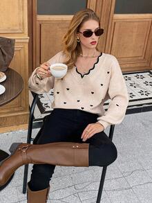 Serisse Women's Casual Colorblock Collar Heart Embroidery Sweater, Autumn/Winter New Year  ,Party,Christmas - Apricot - View 6
