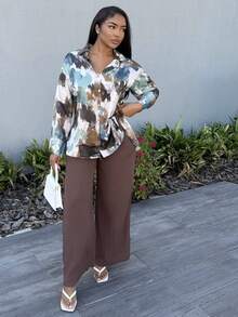 Alexandranx Retro High-End Palette Oil Painting Print Satin Long Sleeve Women Blouse Elegant Business Casual Women Button Up Shirt Women  - Multicolor - View 6