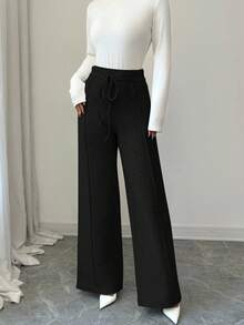 Elenzga 女式高腰抽绳宽松奢华仿羊毛针织阔腿裤 - 黑色 - 查看 3