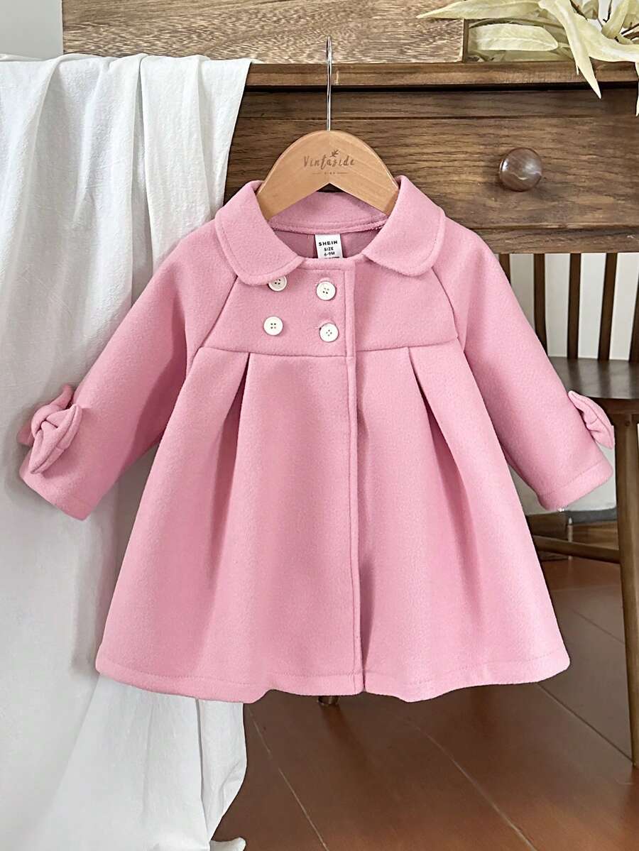 SHEIN Abrigo para bebé niña, abrigo cruzado sencillo, abrigo exterior de unicolor para bebé niña en invierno, abrigo casual para bebé niña, chaqueta estilo princesa - Rosa - Ver 1