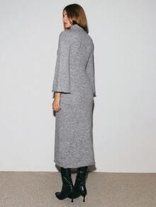 ATUI Studio 女士针织连衣裙，不对称下摆设计，高领针织连衣裙，时尚百搭，休闲时尚，街头风，收腰连衣裙，度假连衣裙，通勤连衣裙，喇叭袖连衣裙 - 灰色 - 查看 2