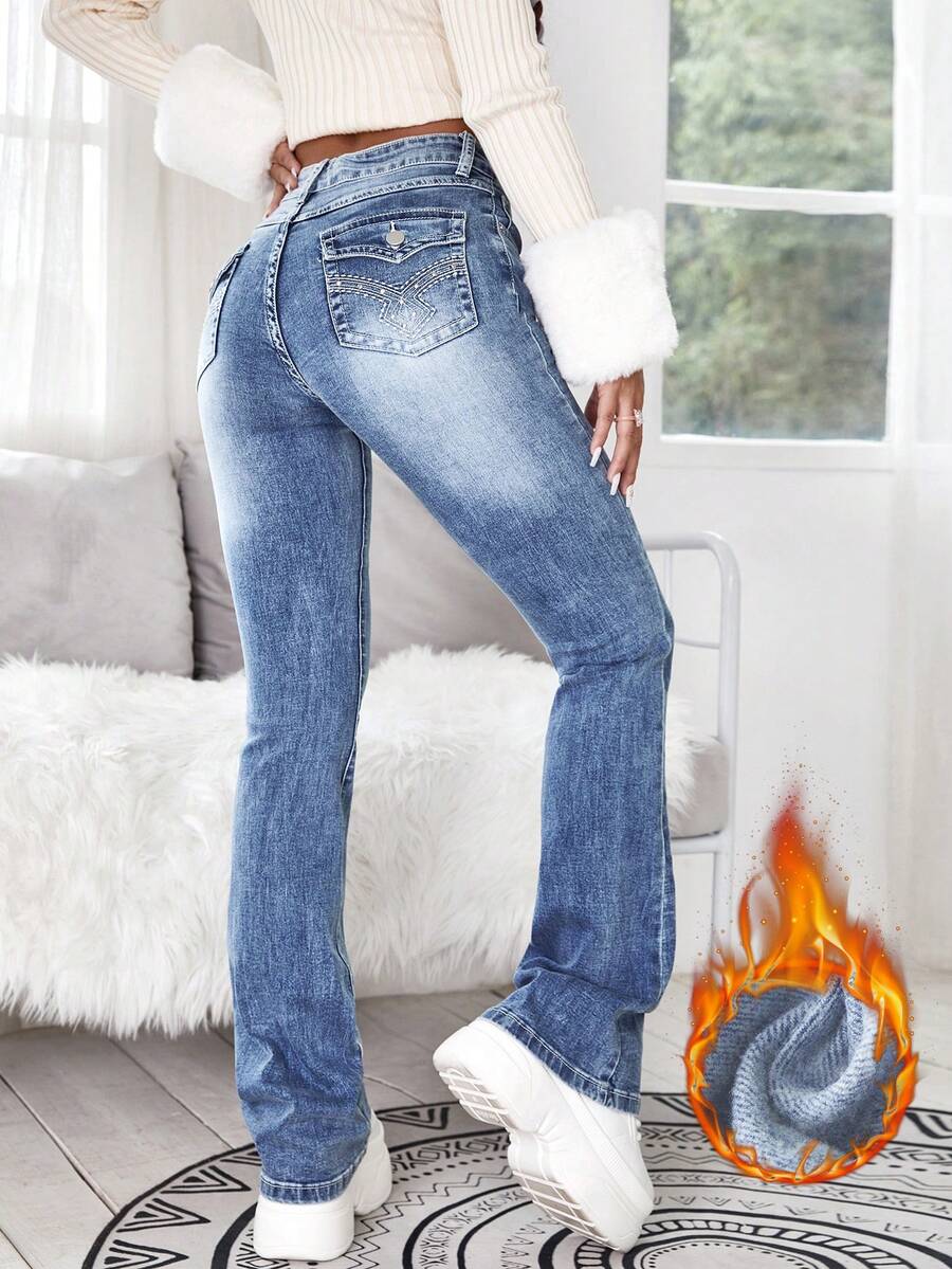 SHEIN Unity Y2k 女式高腰几何刺绣铆钉细节喇叭裤，带 4 个口袋 - 藍色 - 查看 1