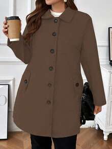 大码休闲纯色外套，秋冬季 - 駝色 - 查看 4