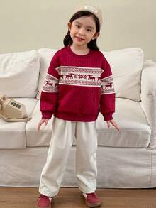 Genkimix Kids 2pcs/Set Young Girls Korean Style Casual Outfit, Graphic Print & Knit Patchwork Long Sleeve T-Shirt Top + Loose Straight Pants, Spring/Autumn - Burgundy - View 2