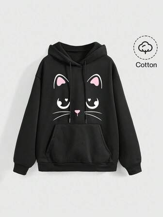 Goth Cute Kawaii Cat Ear Sweatshirt, Loose Fit Black Floral Print Sweatshirt For Women