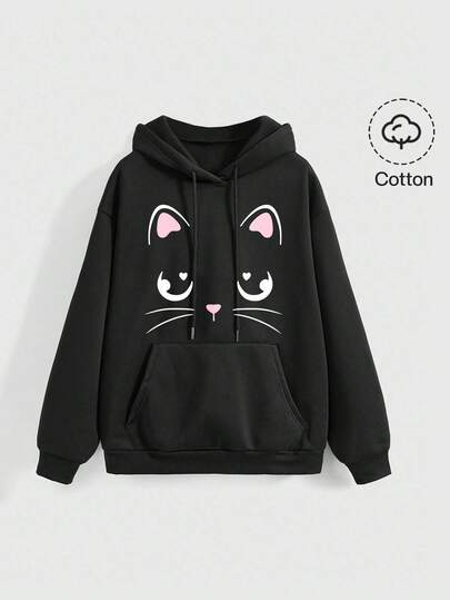 Goth Cute Kawaii Cat Ear Hoodie, Loose Fit Black Floral Print Sweatshirt For Women