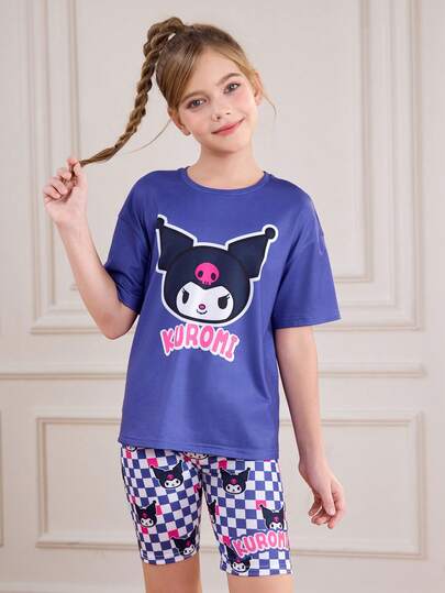 HELLO KITTY AND FRIENDS | SHEIN 青少年女孩休闲可爱卡通印花圆领短袖 T 恤和骑行短裤套装，夏季