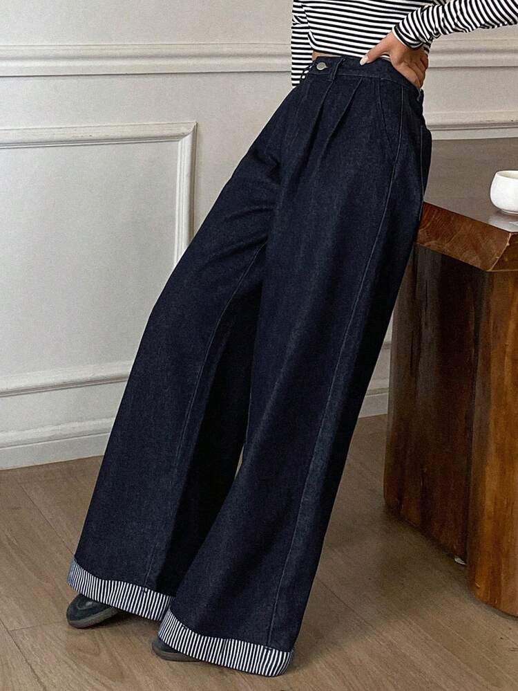 DAZY Jeans casuales de pierna ancha con bolsillos y pliegues plegados de unicolor para mujer en otoño - Azul lavado oscuro - Añade 5