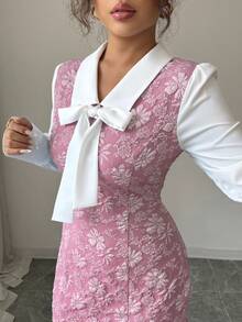 Elenzga 女式拼色蝴蝶结装饰二合一优雅浪漫连衣裙 - 粉色 - 查看 5