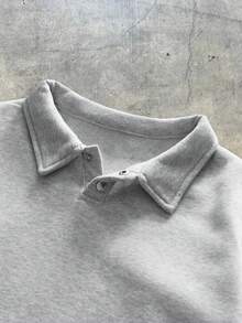 AXEPEAK 针织时尚休闲男士纯色长袖半襟宽松 Polo 衫，适合朋友，秋季 - 灰色 - 查看 3