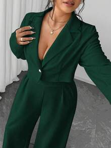 Elenzga Bộ 2 món áo khoác blazer công sở thanh lịch tối giản dành cho nữ cỡ lớn kèm áo liền quần ống rộng không tay thắt eo - Màu xanh lá cây đậm - Xem 7