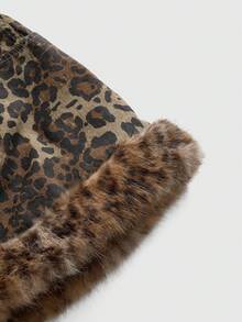 ROMWE J-Fashion Plus Size Y2K Gyaru Shibuya Leopard Print Retro Fluffy Decor Bodycon Denim Mini Skirt, Autumn/Winter - Brown - View 4