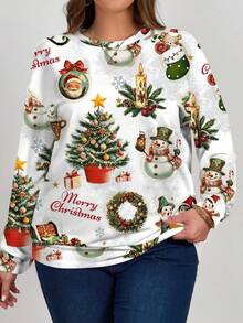 SHEIN LUNE Sudadera holgada de cuello redondo de manga larga con estampado de elementos navideños para mujer talla grande, otoño/invierno