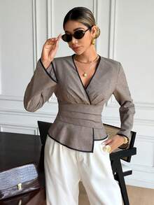 Serisse Blusa de moda con cuello en V, manga larga, cintura fruncida y bajo asimétrico para mujer - Albaricoque - Ver 4