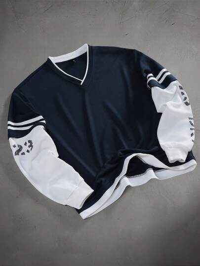 Aesthetic Post 男士个性化撞色套头宽松针织卫衣，Y2K 曲棍球宽松针织衫，长袖上衣