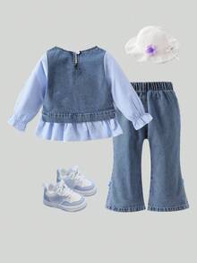 SHEIN Baby Girl Outdoor Rustic Denim Patchwork 2 Pieces Set, Sweet Denim T-Shirt, Spring/Autumn - Blue - View 2