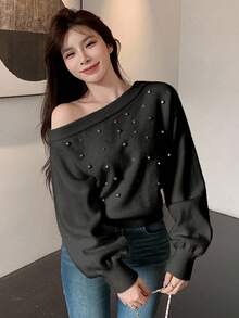 DAZY Maglione elegante lavorato a maglia con maniche lunghe, vita aderente, decorato con perle e perline, asimmetrico sulle spalle, adatto per l'autunno/inverno