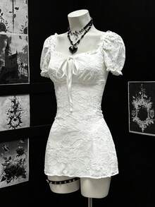 EgrlEra 女式性感蕾丝面料收腰A字迷你连衣裙 - 白色 - 查看 3