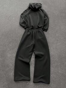 Manfinity EMRG Bộ đồ thường ngày cho nam, mùa thu, áo nỉ trùm đầu dài tay màu trơn có khóa kéo phía trước và quần nỉ - màu đen - Xem 2