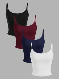 SHEIN EZwear 4 piezas Tops casuales de tirantes ajustados y cortos para mujer, apropiados para el verano