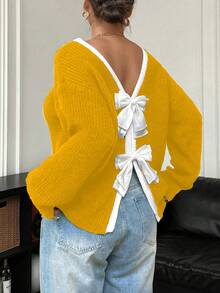 Elenzga 大码女式休闲蝴蝶结圆领长袖毛衣，秋冬 - 黃色 - 查看 2