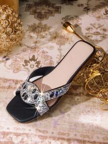 CUCCOO TILAWA Women's Rhinestone Embroidered Pointed Toe Flat Sandals, Outdoor Vacation Beach Slip-On Slippers, Suitable For Dates, Parties, Afternoon Tea, Black