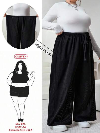 SHEIN CURVE+ Plus Size Women's Black Drawstring Waist Casual Pants, Versatile For Autumn/Winter, Corduroy Fabric