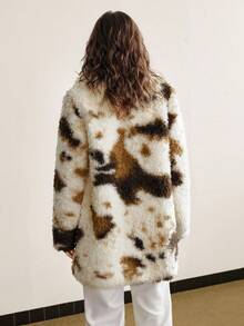 Ontre 2025 Women's Khaki Faux Fur Cow Print Oversized Long Sleeve Lapel Collar Jacket,Brown And White Polka Dot,Winter,Elegant,Date,Old Money Style Coat - Khaki - View 3