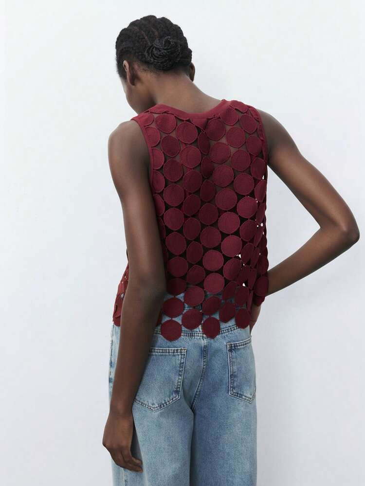 SHEIN Maija Women's Burgundy Polka Dot Hollow-Out Lace Sleeveless Blouse, Vacation Style Casual Tank Top For Urban Commute, Business, Office Wear, Elegant For Spring Summer
