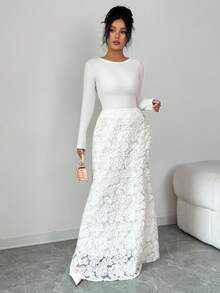 Rafferiza Falda versátil de malla blanca de alta gama con diseño floral 3D tejido de estilo minimalista otoñal de Uhlyne, adecuada para ir al trabajo, citas, oficina, iglesia, vuelta al colegio, profesores - Blanco - Ver 5