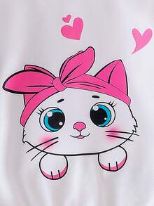 小女孩可爱日常穿搭，猫咪印花发箍，圆领长袖白色上衣，粉色爱心印花黑色裤子，儿童秋季休闲装 - 白色 - 查看 7