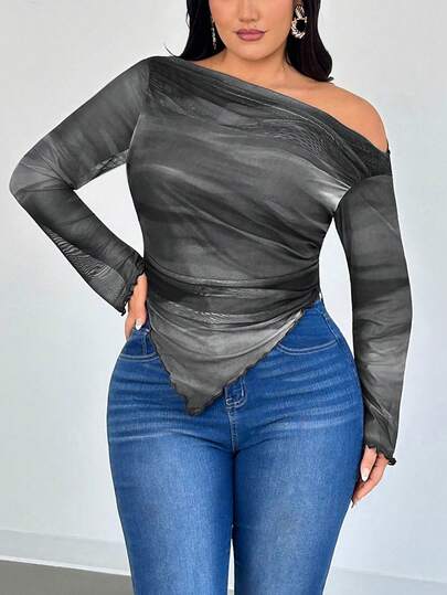 Firerie Camiseta asimétrica de manga larga con estampado de teñido anudado elegante y romántico para mujer de talla grande