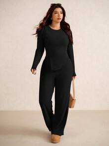 Elaquor Plus Size Women Solid Color Round Neck Long Sleeve Ribbed T-Shirt And Pants Casual 2 Pieces Set/ Spring - Black - View 7