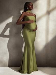 Cheriluna Maternity Elegant, Romantic, Sexy, Minimalist Style Sleeveless Backless Knit Bodycon Maternity Photoshoot Dress, Formal Dress, Christmas Party Dress, Green Dress, Elegant Dresses For Party - Green - View 2