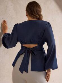 Elegantrix Plus Size Women's Autumn/Winter Casual Denim Shirt With Bowknot Back Design - Navy Blue - View 6