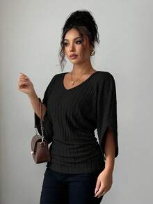 Selianne Women's Comfortable Casual V-Neck Ruffle Batwing Sleeve Solid Color Brushed Rib T-Shirt
