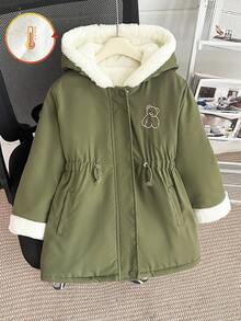 Young Girl' Winter Thermal Lined Hooded Sweatshirt With Cartoon Bear Embroidery, Waist Drawstring, Slim Fit - Army Green - View 1