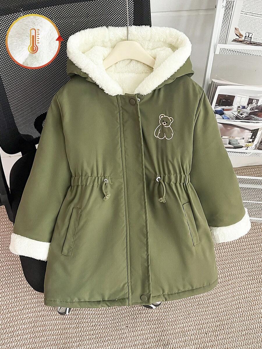 Young Girl' Winter Thermal Lined Hooded Sweatshirt With Cartoon Bear Embroidery, Waist Drawstring, Slim Fit - Army Green - View 1