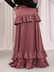 VOLUPTÉ CURVE Plus Size Women's Spring/Summer Pink Floor Length Skirt Solid Woven Double Ruffle Elastic Waist A-Line, Elegant Commute Party Casual Skirt - Rust Brown - View 4
