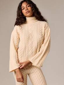 AiiRZ Conjunto de suéter y pantalones de punto de cable con cuello alto de cuello de tortuga y pantalones de pierna ancha para invierno - Albaricoque - Ver 3